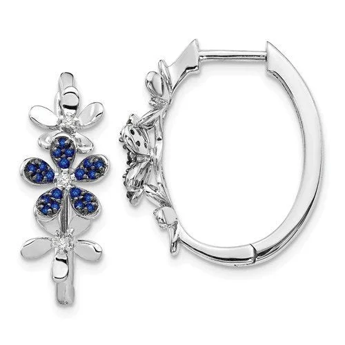 Regency style earrings-14KT WHITE GOLD 0.18 CTW SAPPHIRE & 0.06 CTW DIAMOND FLORAL HOOP EARRINGS