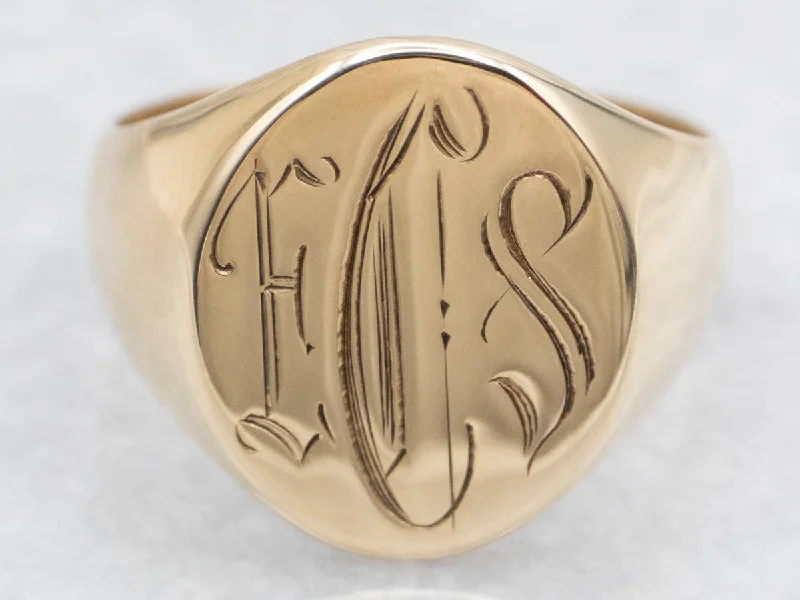 Rose quartz rings-Yellow Gold "ESC" Engraved Signet Ring