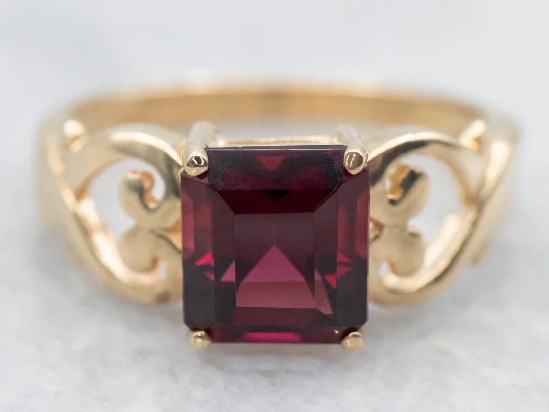 Sun theme rings-Yellow Gold Rhodolite Garnet Solitaire Ring with Heart Shoulders