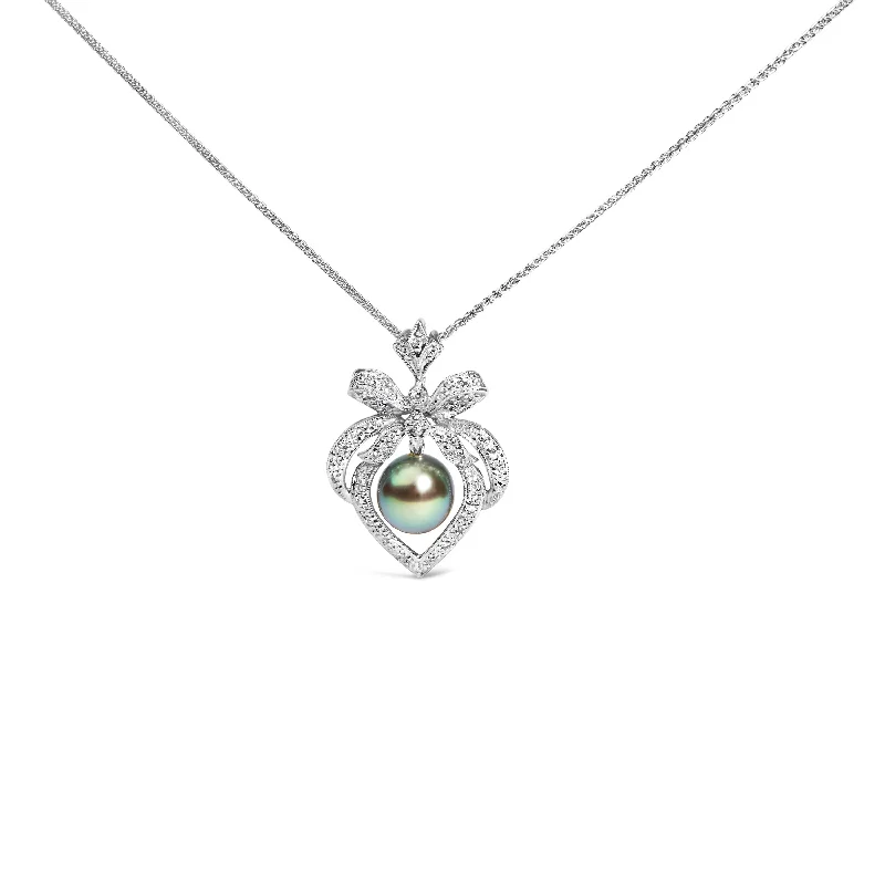 Fine thread necklaces-18K 3/4 Cttw Diamond and 12.5 MM Cultured Black Tahitian Pearl Heart Pendant Necklace