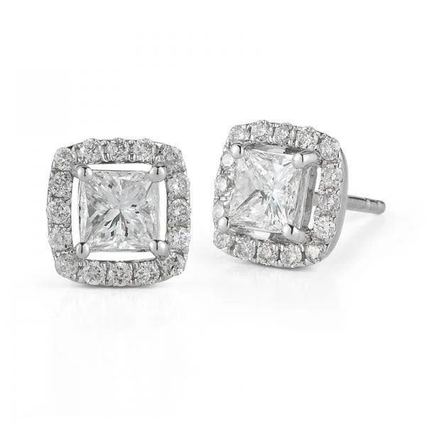 Flat disc earrings-14KT WHITE GOLD 1/4 CTW HALO PRINCESS CUT DIAMOND EARRINGS