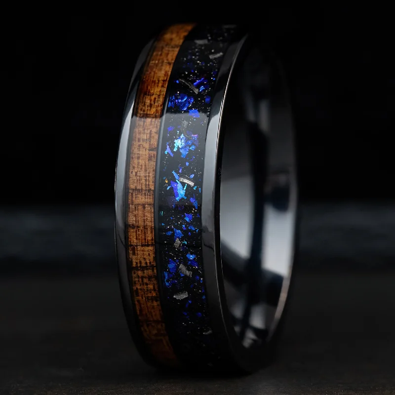 Solid stone rings-Black Titanium Ring [7mm width] Blue Fire Opal, Meteorite, & Hawaiian Koa Wood