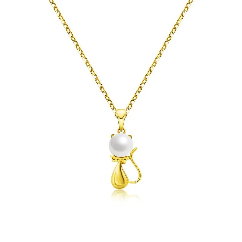 Family birthstone necklaces-18k Yellow Gold Freshwater Pearl Mouse Pendant Necklace