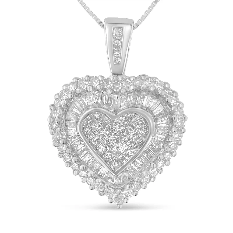 Emerald drop necklaces-10K White Gold 1 cttw Multi Cut 1 cttw Diamond Heart Pendant Necklace