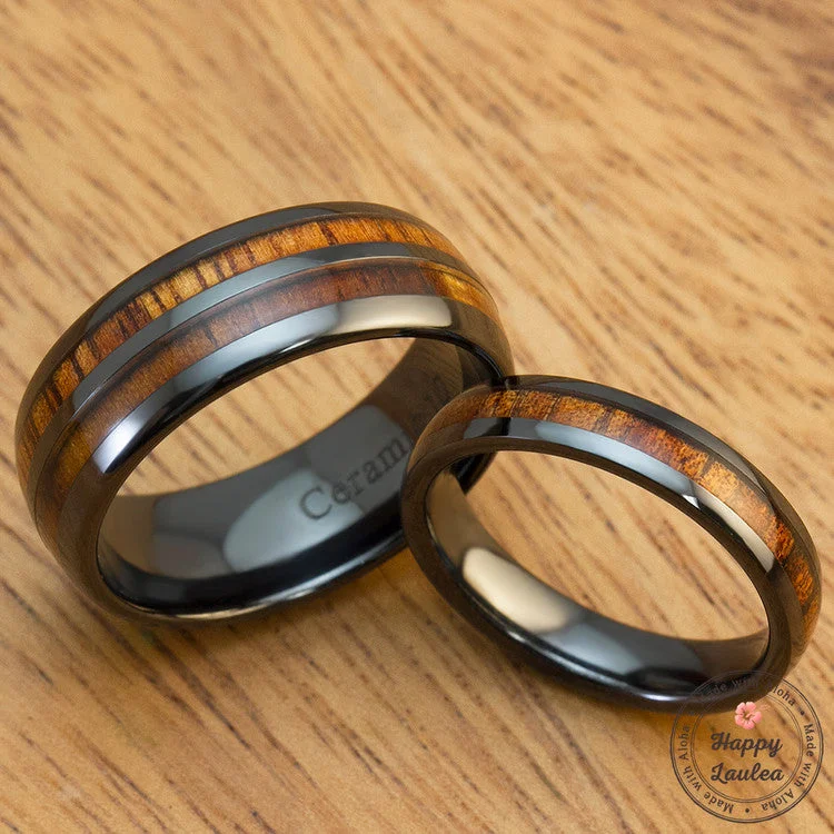 Fine pearl rings-HI-TECH Black Ceramic Assorted Ring Set with Hawaiian Koa Wood Inlay - 4&8mm, Dome Shape, Comfort Fitment