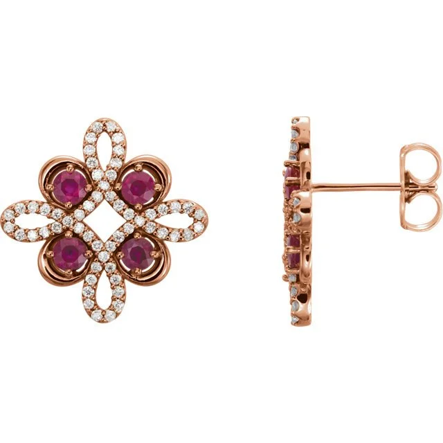 Thread tassel earrings-14KT GOLD RUBY & 1/4 CTW DIAMOND CLOVER EARRINGS