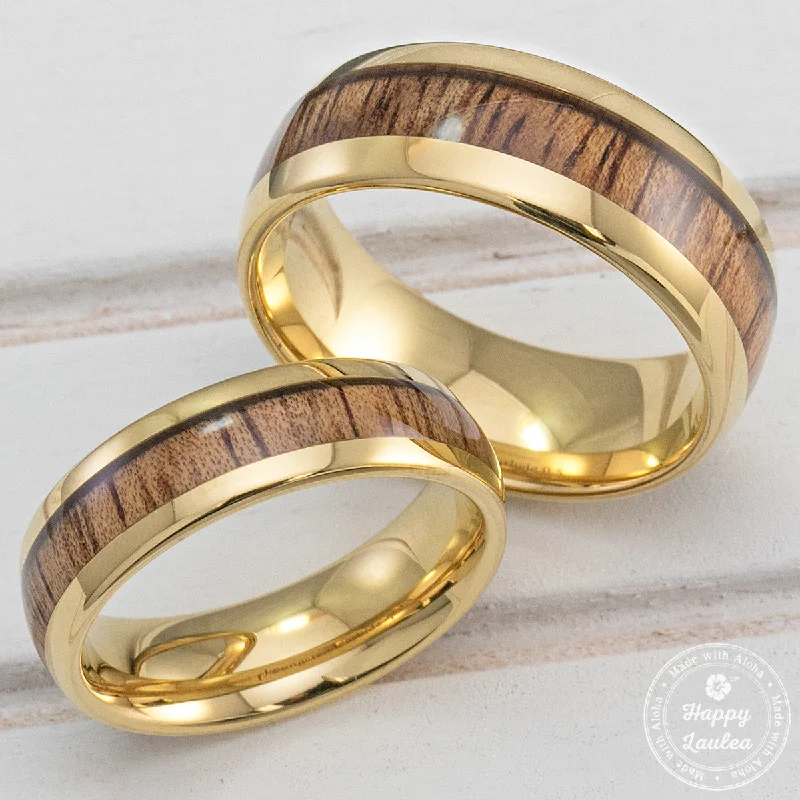 Shadow gothic rings-Pair of Tungsten Carbide Gold Plated Rings with Koa Wood Inlay - 6&8mm, Dome Shape, Comfort Fitment