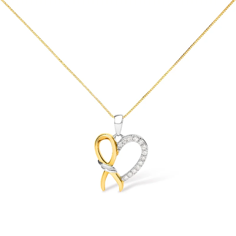 Owl feather necklaces-10K Yellow Gold Plated .925 Sterling Silver 1/5 Cttw Diamond Ribbon Heart Pendant Necklace