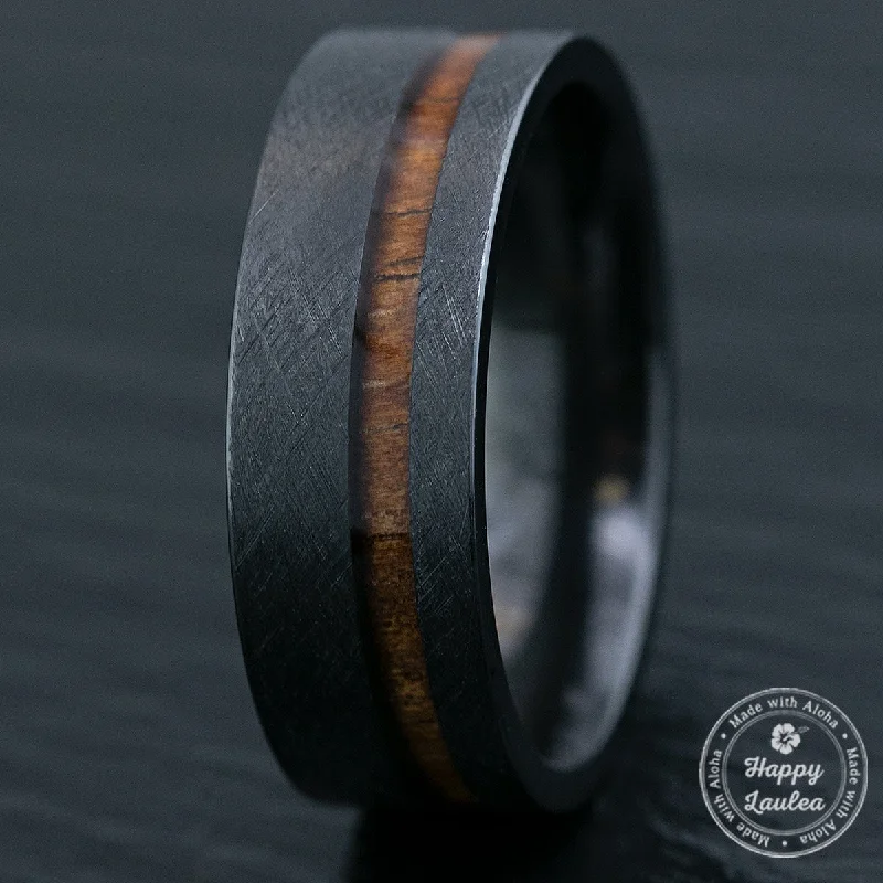 Slide band rings-Black Zirconium Brushed Finished Ring with Offset Koa Wood Inlay, 8mm, Comfort Fitment, Flat Shape