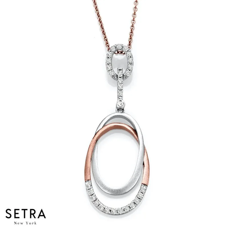 Soft choker necklaces-DESIGNER 14K FINE WIGHT & ROSE GOLD WITH DIAMONDS DOUBLE CIRCLE NECKLACE