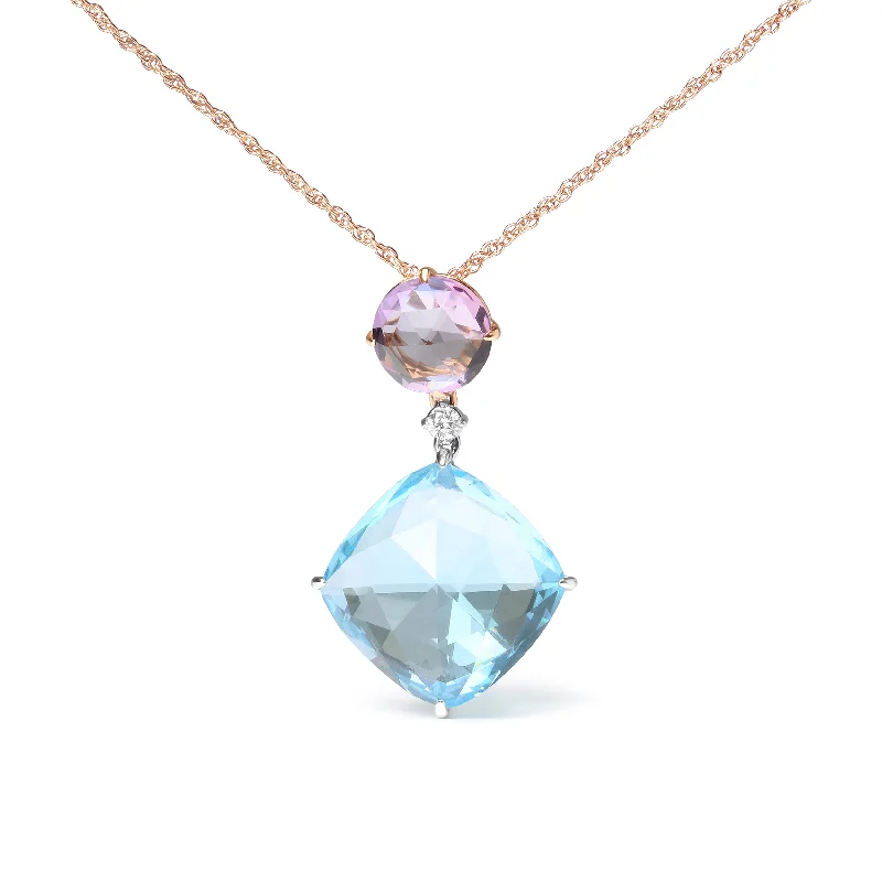 Pure druzy necklaces-18K White and Rose Gold Round Diamond Accent and Round Rose De France Pink Amethyst and Cushion Cut Sky Blue Topaz Dangle Drop 18" Pendant Necklace