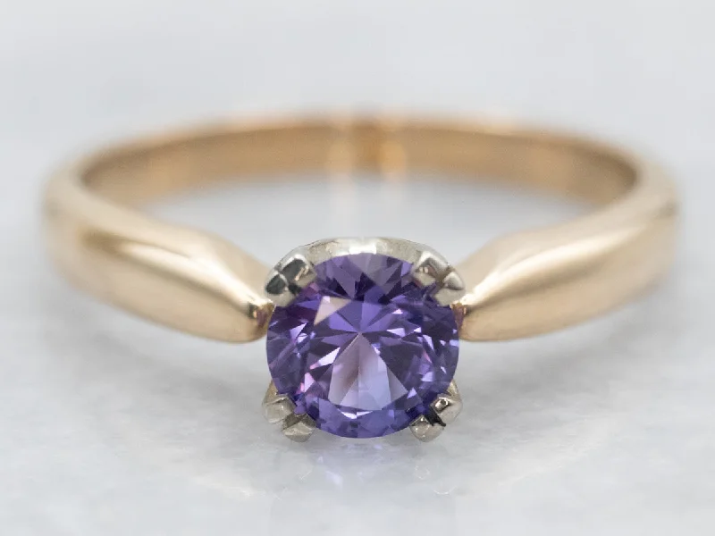 Oxidized bronze rings-Two Tone Yellow and White Gold Round Cut Purple Sapphire Solitaire Ring