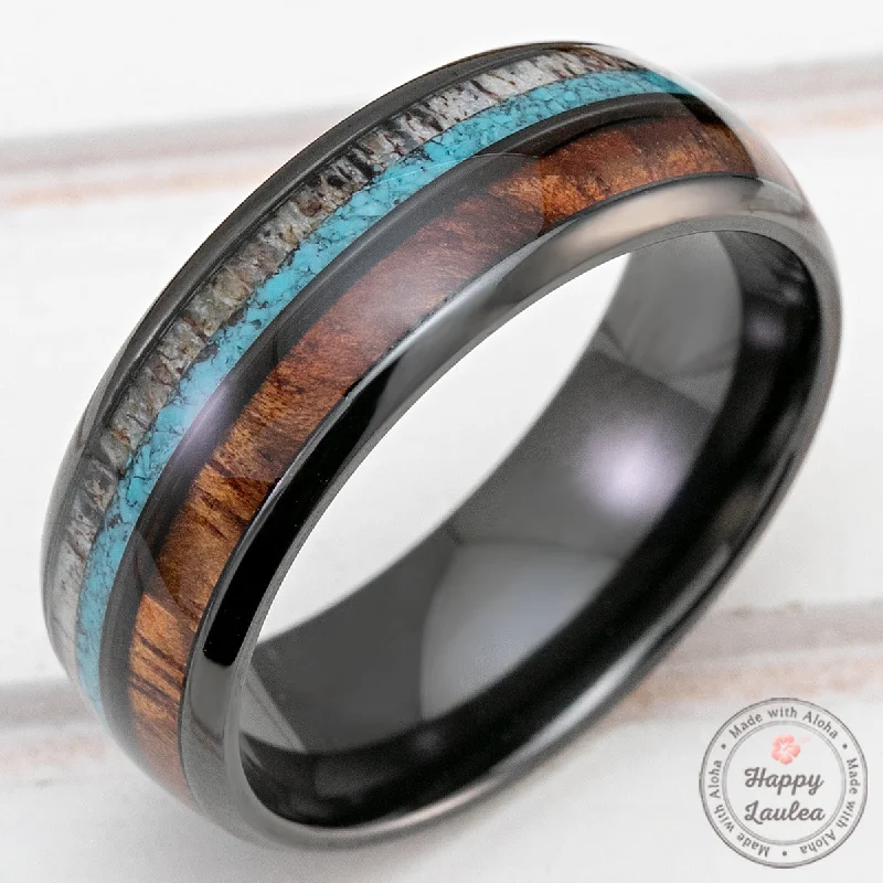 Thread edge rings-Black Zirconium 8mm Ring with Antler, Turquoise & Hawaiian Koa Wood Tri-Inlay - Dome Shape, Comfort Fitment