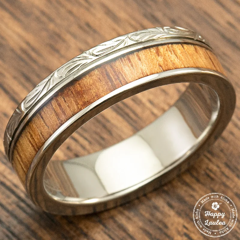 Aged vow rings-Titanium Hand Engraved Ring with Hawaiian Koa Wood Inlay - 6mm, Flat Shaped, Standard Fitment