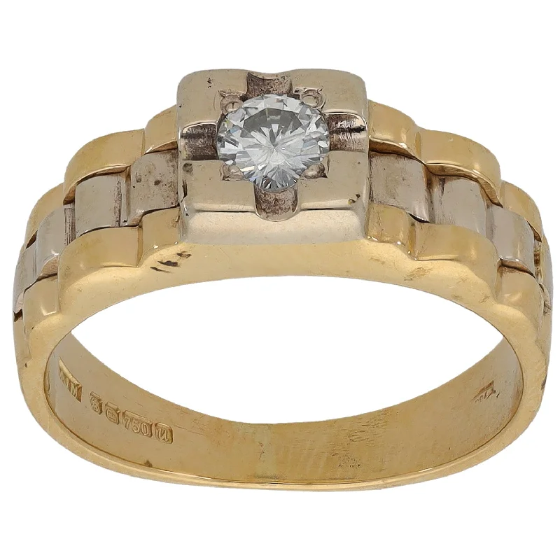 Stretch open rings-18ct Bi-Colour Gold 0.25ct Diamond Patterned Signet Ring Size L