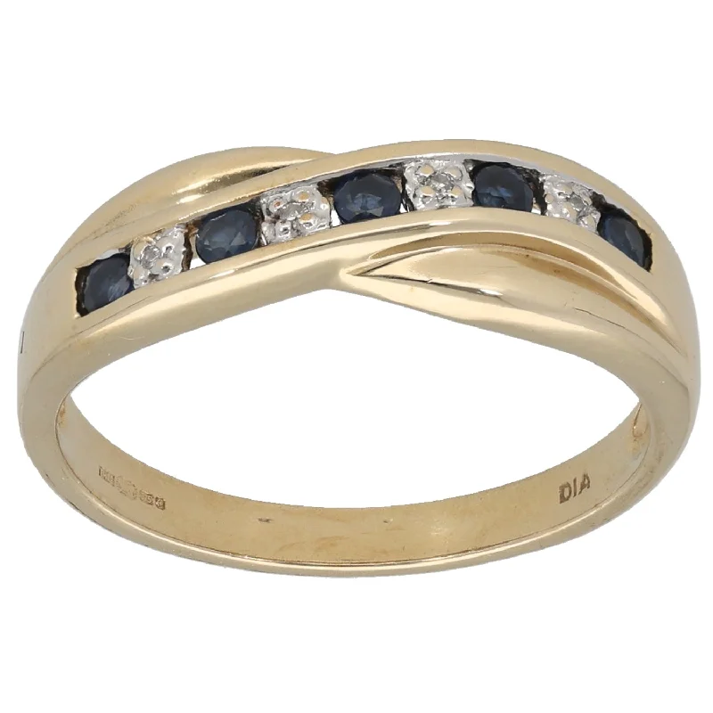 Thin wire rings-9ct Gold Sapphire & 0.02ct Diamond Half Eternity Ring Size O