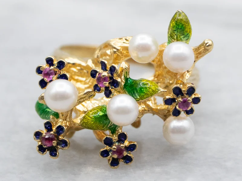 Thin wire rings-Enamel Ruby and Saltwater Pearl Bouquet Ring