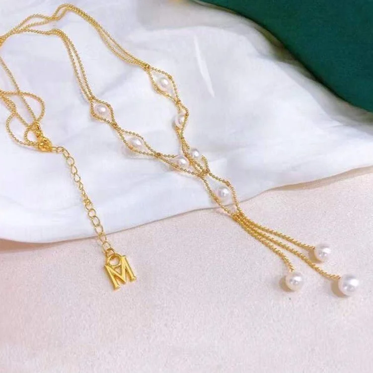 Gem strand necklaces-18k Yellow Gold Round White Akoya Pearl Necklace