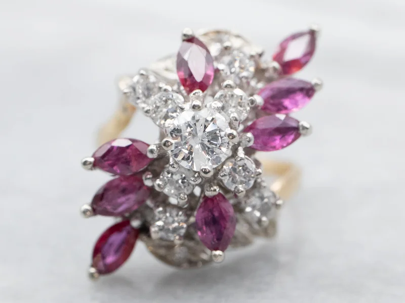 Stretch open rings-Two Tone Round Cut Diamond and Marquise Cut Ruby Cluster Bypass Ring