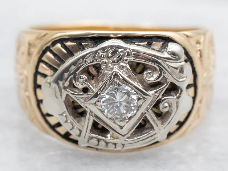 Bright diamond rings-Vintage Diamond and Black Enamel Masonic Ring