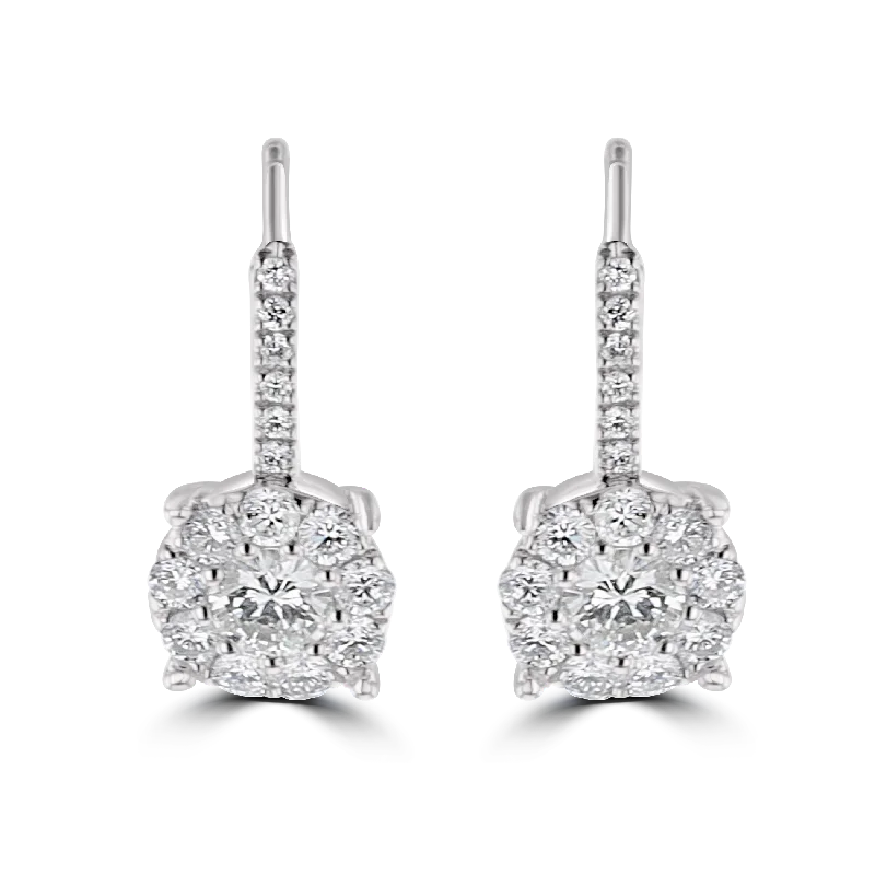 Vine hoop earrings-18KT WHITE GOLD 1.00 CTW DIAMOND CLUSTER DROP LEVERBACK EARRINGS