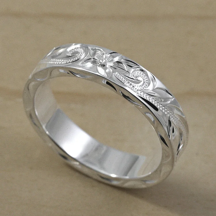 New moon rings-Hawaiian Hand Engraved Sterling Silver Ring [4mm width]  Flat Shape