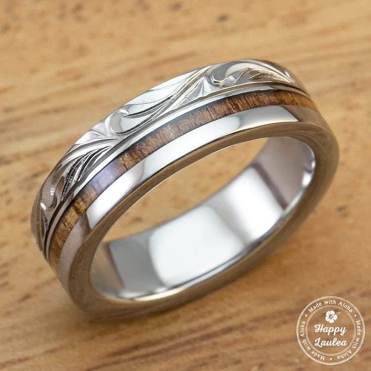 Shiny modern rings-Titanium Ring with Koa Wood Inlay Hand Engraved with Hawaiian Heritage Design - 6mm, Flat Shape, Standard Fitment