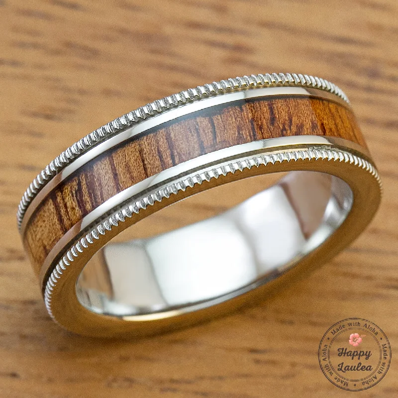 Fine pearl rings-Titanium Coined Edged Ring with Hawaiian Koa Wood Inlay - 6mm, Flat Shape, Standard Fitment