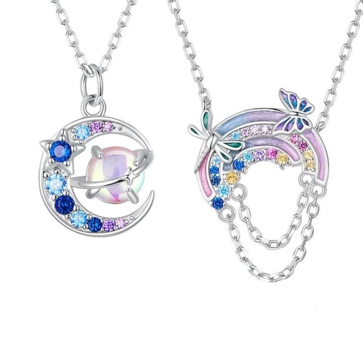 New moon necklaces-Fantasy Rainbow and Planet Created Diamond Necklace