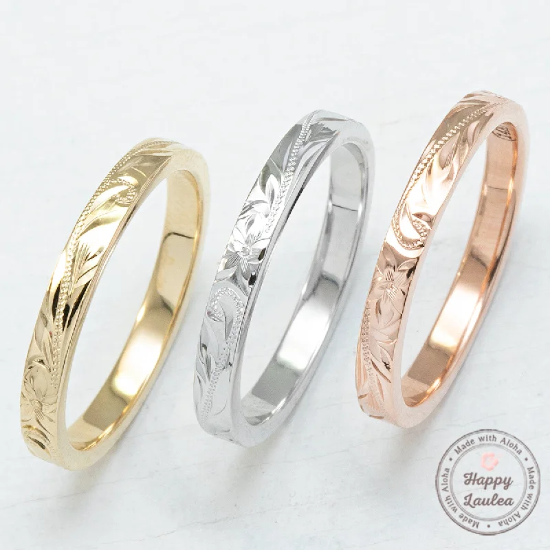 Ocean theme rings-Solid Gold [2.5mm] Hawaiian Jewelry Hand Engraved Ring - Flat Shape