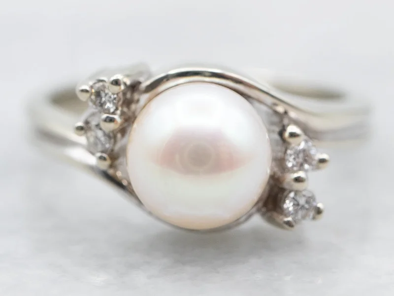 Ocean inlay rings-Saltwater Pearl Bypass Ring with Diamond Accents