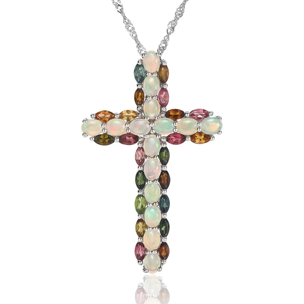 Fun bead necklaces-Oval cut Created Opal & Multi Gemstones Cross Pendant Necklace