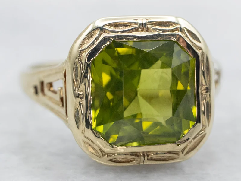 Pure shine rings-Yellow Gold Square Cut Bezel Set Peridot Solitaire Ring