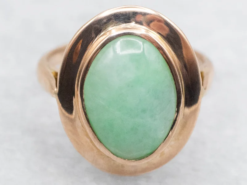 Slide band rings-Mid-Century Gold Bezel Set Jadeite Ring