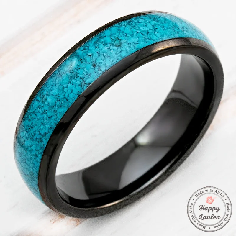 Sapphire gem rings-Black Zirconium Ring with Crushed Turquoise Inlay - 6mm, Dome Shape, Comfort Fitment