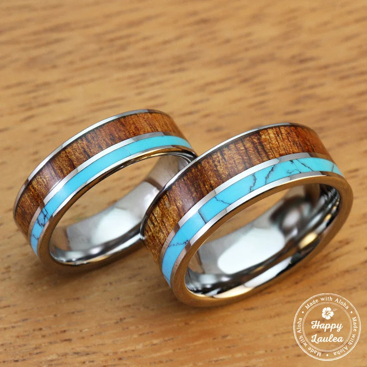 Solid geometric rings-Pair of Tungsten Carbide Ring with Hawaiian Koa Wood and Turquoise Inlay