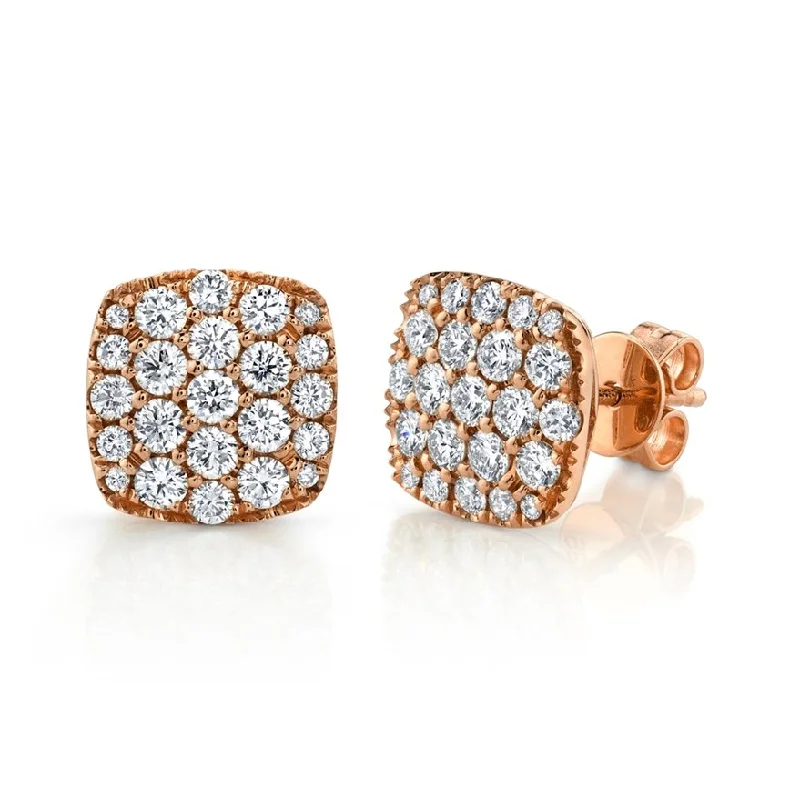 Tarnished brass earrings-14KT GOLD 1.10 CTW DIAMOND PAVE CUSHION STUD EARRINGS