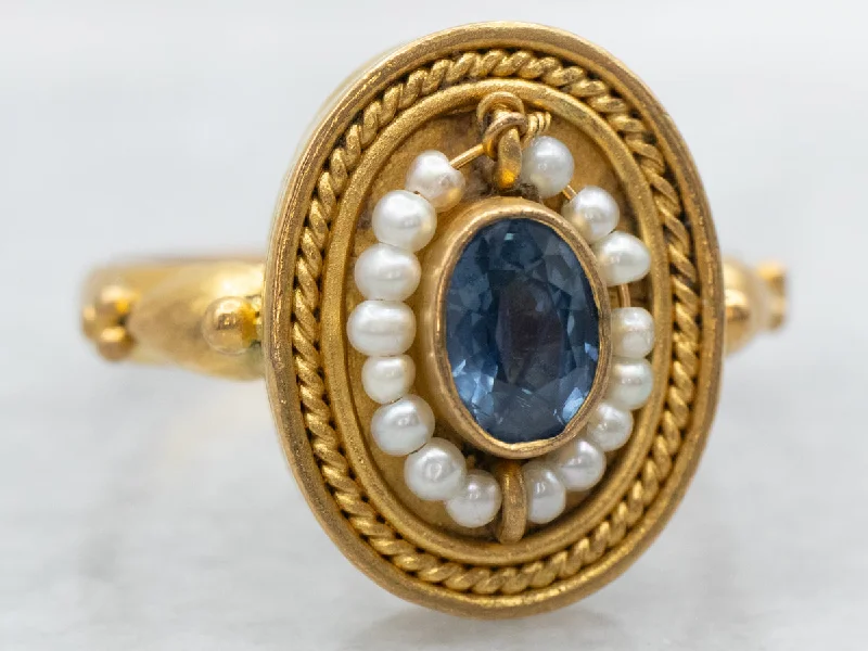 Square gem rings-Georgian Sapphire and Seed Pearl Halo Ring