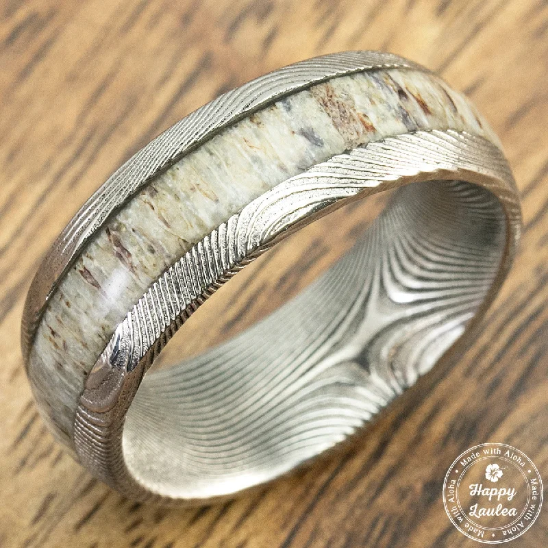 Clear crystal rings-Damascus Steel Ring with Antler Inlay - 8mm, Dome Shape, Comfort Fitment