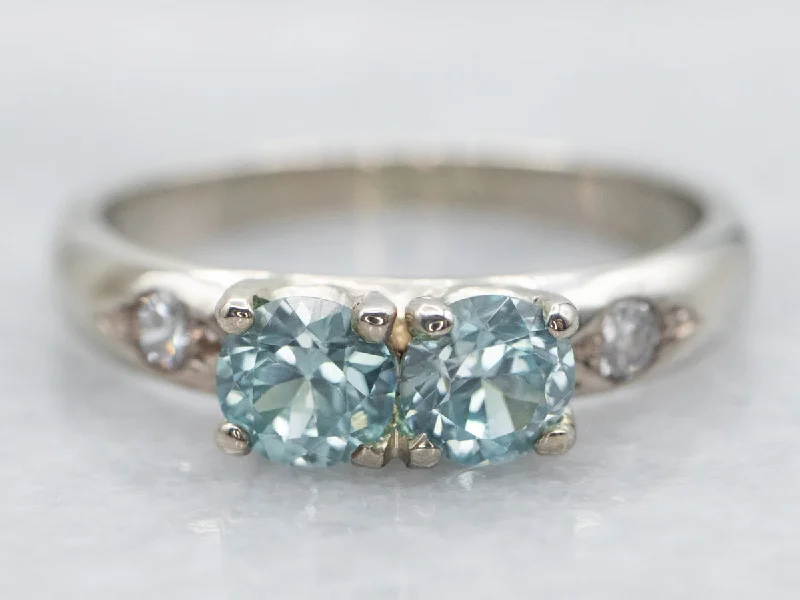 Shiny bead rings-White Gold Blue Zircon Ring with Diamond Accents