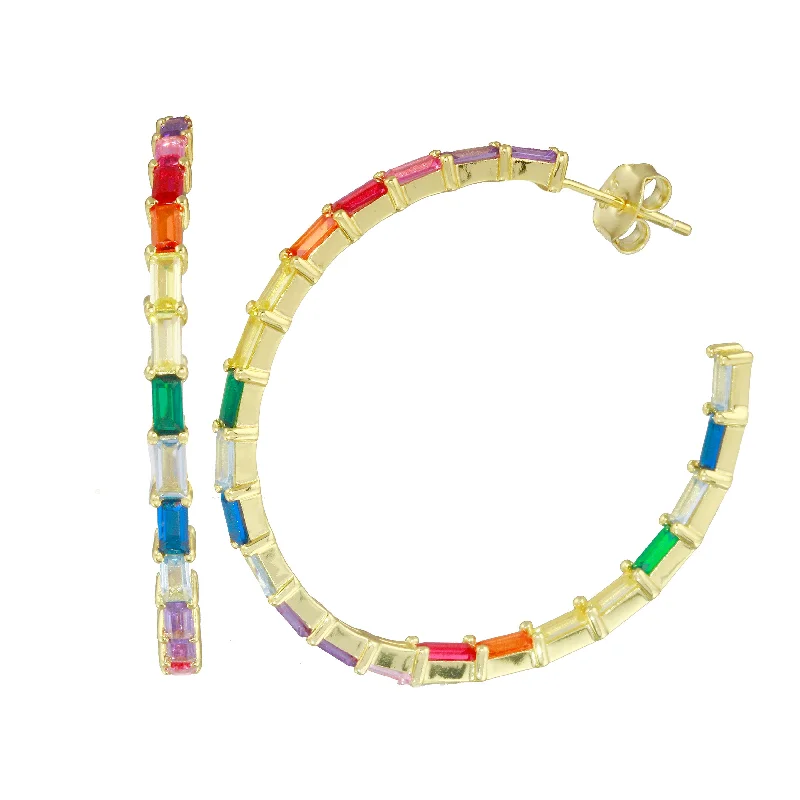 Ocean motif earrings-Baguette Rainbow Hoops