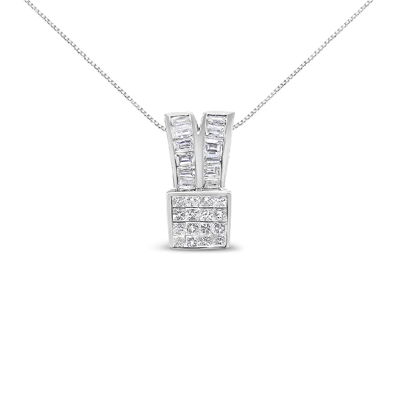 Ripple pattern necklaces-14K White Gold 1 5/8 cttw Princess and Baguette Cut Diamond Heart Ribbon Pendant Necklace