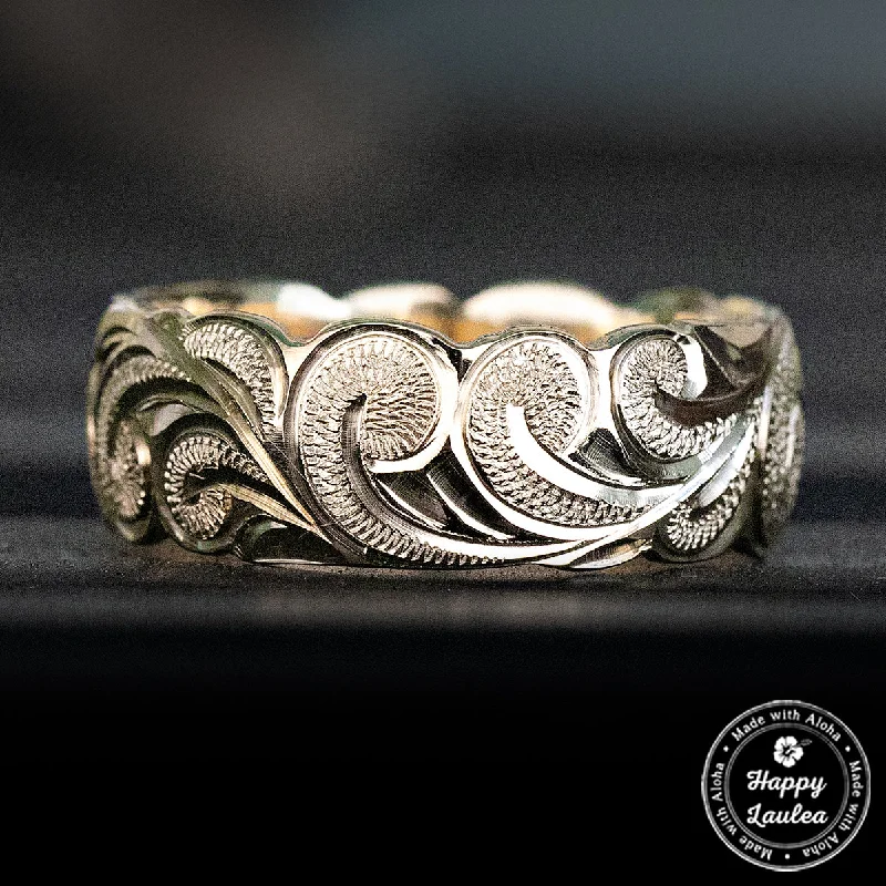 Solid cocktail rings-Solid Gold Hawaiian Jewelry Ring [8mm width] Hand Engraved Scroll Wave Pattern - Barrel Shape