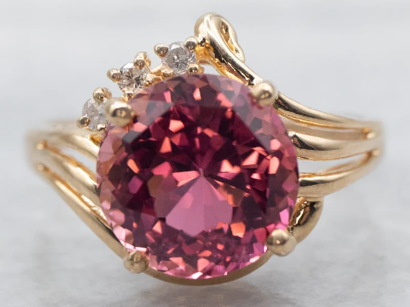 Shiny bead rings-Yellow Gold Pink Tourmaline Ring with Diamond Accents