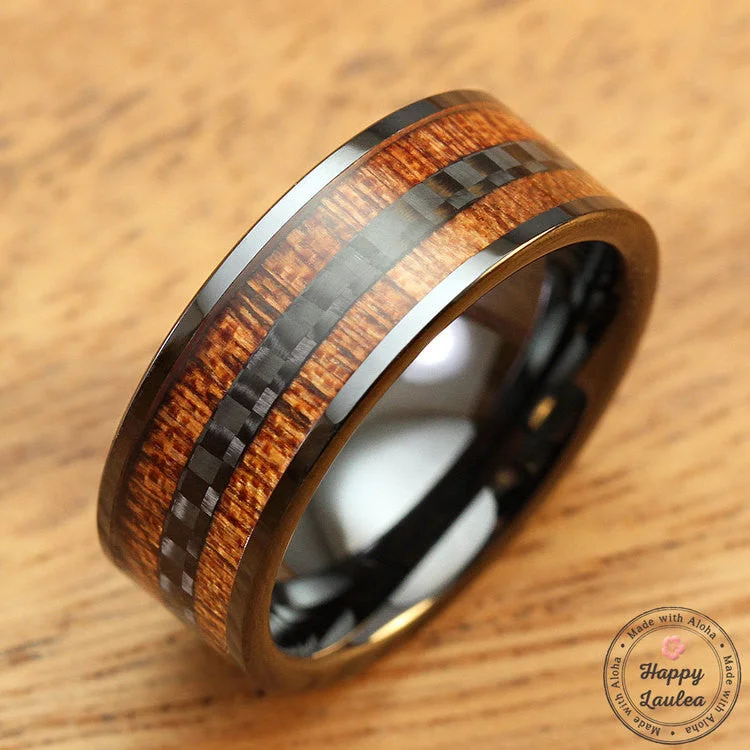 Onyx rings-HI-TECH Black Ceramic Ring with Mid Carbon Fiber and Koa Wood Inlay - 8mm, Flat Shape, Comfort Fitment