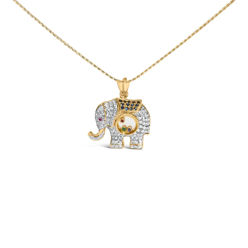 Tilted design necklaces-18K Yellow Gold 3/4 Cttw Diamond Elephant Shaker Pendant Necklace with Emerald, Ruby, and Sapphire