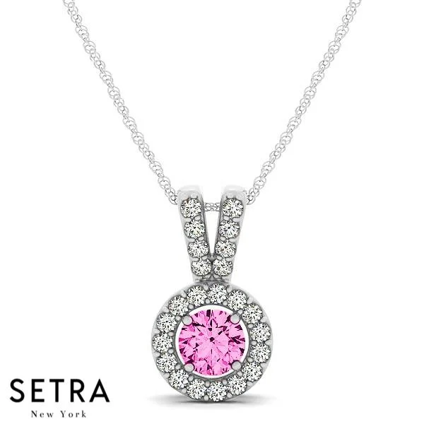 Round gem necklaces-Vintage 18K Gold Round Cut Diamonds & Pink Sapphire In Halo Setting Necklace