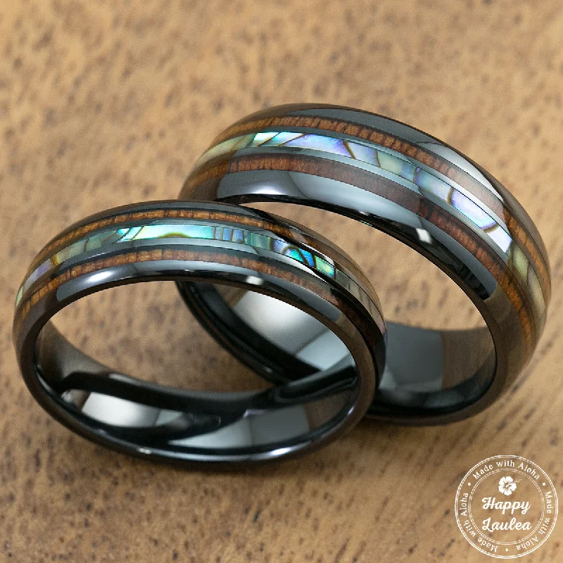 Stacked design rings-Pair of Black Ceramic Rings [6 & 8mm] Abalone Shell & Hawaiian Koa Wood