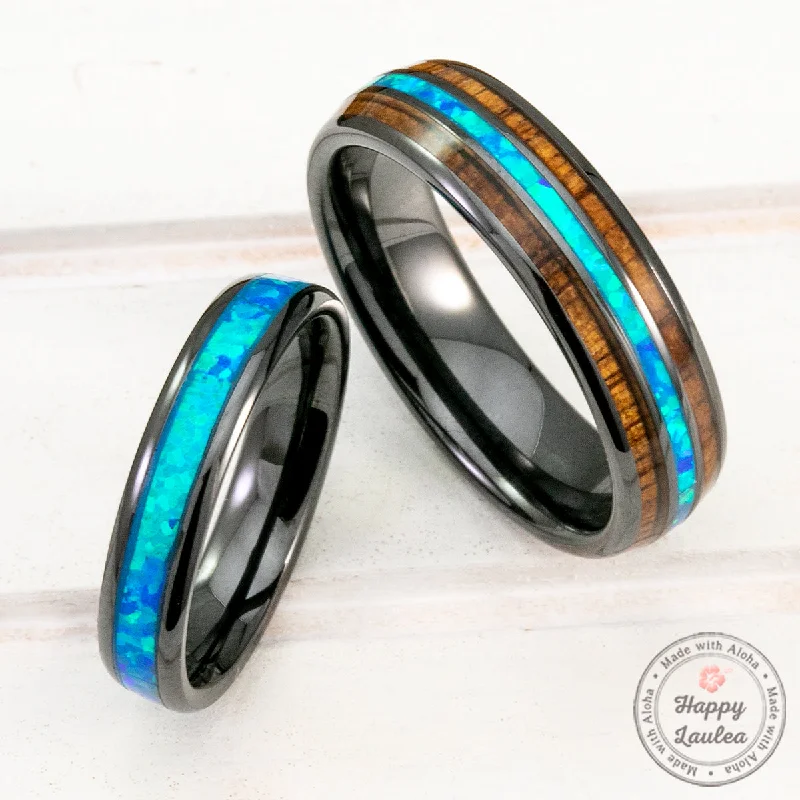 Fun rings-Pair of 3&6mm Black Ceramic Rings with Blue Opal and Hawaiian Koa Wood Inlay - Assorted Design, Dome Shape, Comfort Fitment