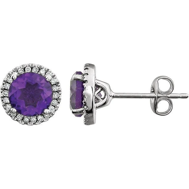 Tiered drop earrings-14KT WHITE GOLD 1.40 CTW AMETHYST & 0.13 CTW DIAMOND HALO EARRINGS